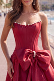 Royal Blue Pearl Strapless A Line Corset Homecoming Dress with Bow