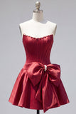 Royal Blue Pearl Strapless A Line Corset Homecoming Dress with Bow