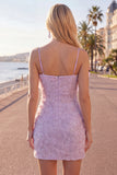 Lilac Bodycon Spaghetti Straps Floral Beaded Homecoming Dress with Bow