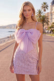 Lilac Bodycon Spaghetti Straps Floral Beaded Homecoming Dress with Bow