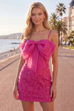 Lilac Bodycon Spaghetti Straps Floral Beaded Homecoming Dress with Bow