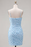 Lilac Bodycon Spaghetti Straps Floral Beaded Homecoming Dress with Bow