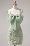 Lilac Bodycon Spaghetti Straps Floral Beaded Homecoming Dress with Bow
