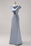 Grey Blue Sheath Cowl Collar Satin Long Bridesmaid Dress with Cape Sleeves