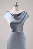 Grey Blue Sheath Cowl Collar Satin Long Bridesmaid Dress with Cape Sleeves