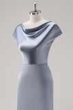 Grey Blue Sheath Cowl Collar Satin Long Bridesmaid Dress with Cape Sleeves