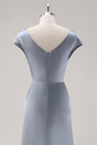 Grey Blue Sheath Cowl Collar Satin Long Bridesmaid Dress with Cape Sleeves