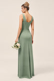 Eucalyptus V-Neck Sheath Long Bridesmaid Dress with Slit