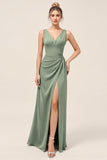 Eucalyptus V-Neck Sheath Long Bridesmaid Dress with Slit