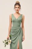 Eucalyptus V-Neck Sheath Long Bridesmaid Dress with Slit