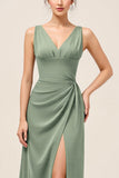 Eucalyptus V-Neck Sheath Long Bridesmaid Dress with Slit