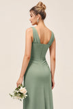 Eucalyptus V-Neck Sheath Long Bridesmaid Dress with Slit