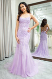 Lilac Mermaid Spaghetti Straps Long Prom Dress with Appliques
