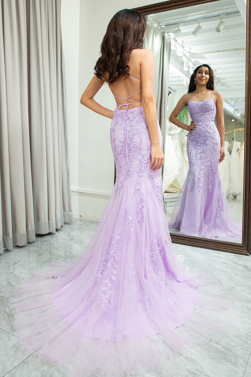 Lace Lavender Prom Dresses Wedtrend Women Light Pink Long Prom Dress Mermaid Spaghetti Straps Formal Dress With Appliques, Lilac US12 Lace Lavender Prom Dresses Wedtrend Women Light Pink Long Prom Dress Mermaid Spaghetti Straps Formal Dress With Appliques, Lilac US12