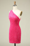 Classy Fuchsia One Shoulder Sequins Tight Homecoming Dress