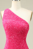 Classy Fuchsia One Shoulder Sequins Tight Homecoming Dress