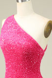 Classy Fuchsia One Shoulder Sequins Tight Homecoming Dress