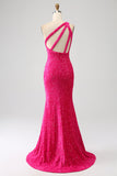 Fuchsia Mermaid One Shoulder Sparkly Sequins Prom Dress with Slit