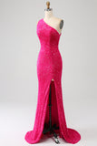Fuchsia Mermaid One Shoulder Sparkly Sequins Prom Dress with Slit