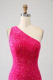 Fuchsia Mermaid One Shoulder Sparkly Sequins Prom Dress with Slit