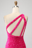 Fuchsia Mermaid One Shoulder Sparkly Sequins Prom Dress with Slit