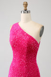 Fuchsia Mermaid One Shoulder Sparkly Sequins Prom Dress with Slit