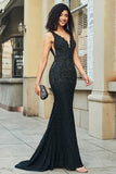 Glitter Mermaid Deep V Neck Black Lace Long Prom Dress with Beading