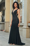 Glitter Mermaid Deep V Neck Black Lace Long Prom Dress with Beading