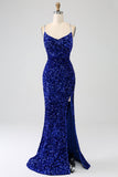 Sparkly Royal Blue Mermaid Spaghetti Straps Sequin Long Prom Dress With Split