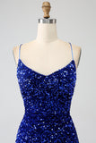 Sparkly Royal Blue Mermaid Spaghetti Straps Sequin Long Prom Dress With Split