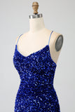 Sparkly Royal Blue Mermaid Spaghetti Straps Sequin Long Prom Dress With Split