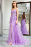Lilac A Line Spaghetti Straps Corset Tulle Long Prom Dress with Appliques