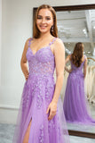 Lilac A Line Spaghetti Straps Corset Tulle Long Prom Dress with Appliques