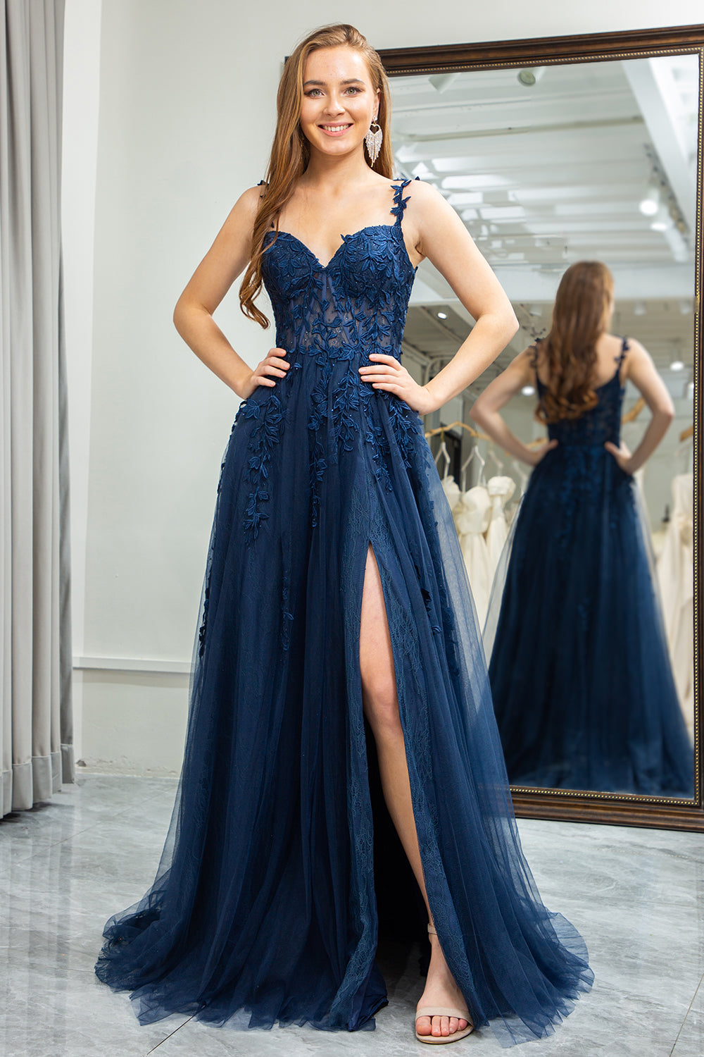 Navy A Line Spaghetti Straps Corset Tulle Long Prom Dress with Appliques