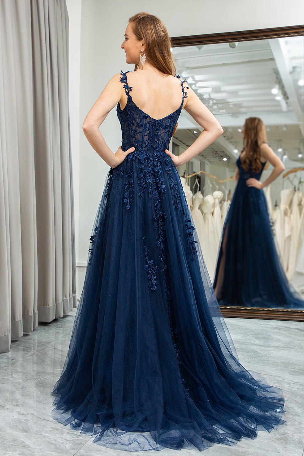 Wedtrend Women Navy Prom Dress A Line Spaghetti Straps Corset Tulle Long Party Dress with Appliques WEDTREND Wedtrend Women Navy Prom Dress A Line Spaghetti Straps Corset Tulle Long Party Dress with Appliques WEDTREND