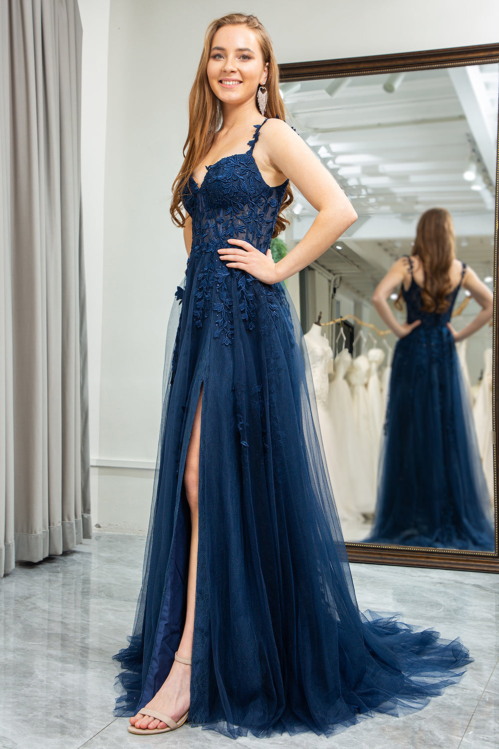 Wedtrend Women Navy Prom Dress A Line Spaghetti Straps Corset Tulle Long Party Dress with Appliques WEDTREND Wedtrend Women Navy Prom Dress A Line Spaghetti Straps Corset Tulle Long Party Dress with Appliques WEDTREND