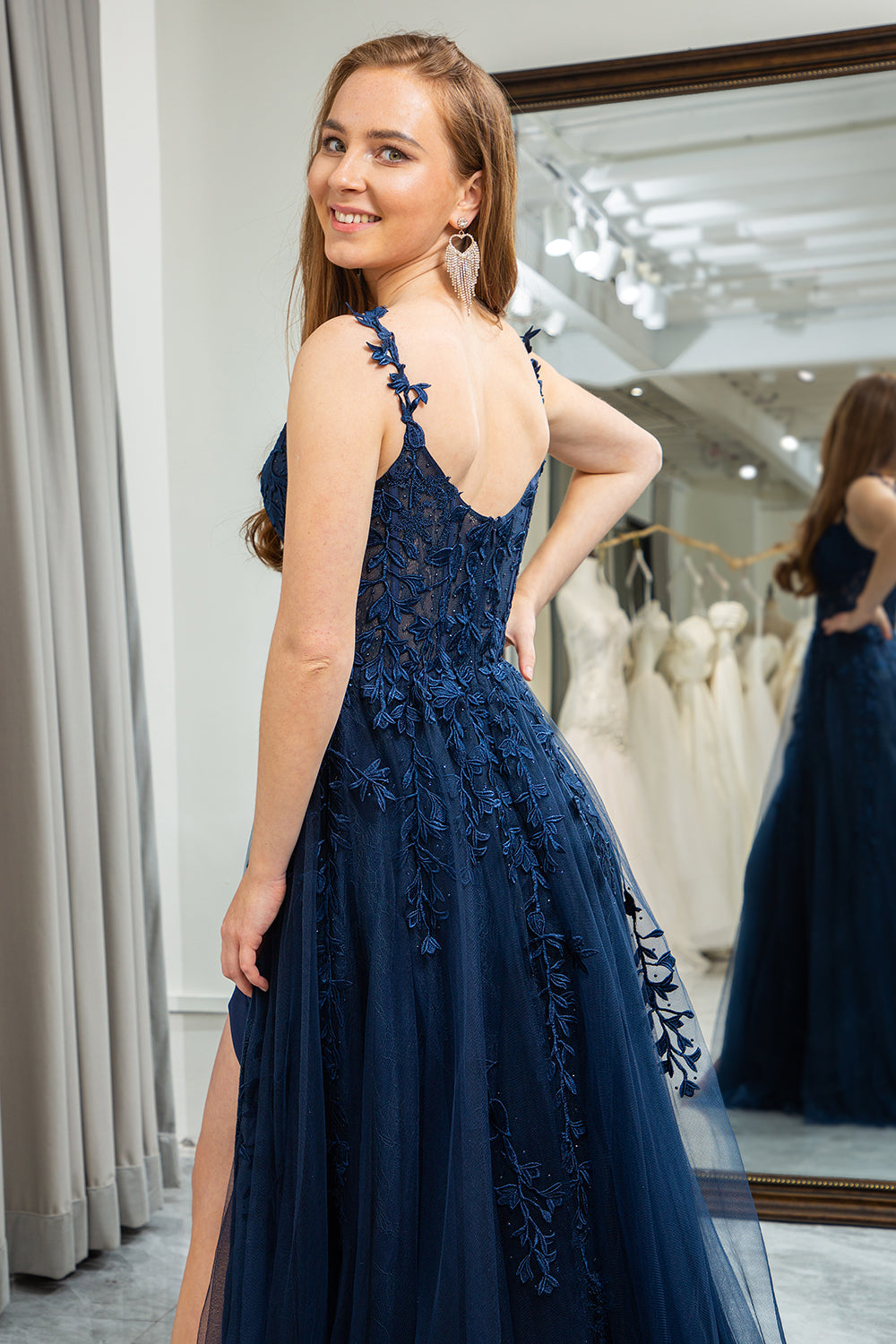 Wedtrend Women Navy Prom Dress A Line Spaghetti Straps Corset Tulle Long Party Dress with Appliques WEDTREND Wedtrend Women Navy Prom Dress A Line Spaghetti Straps Corset Tulle Long Party Dress with Appliques WEDTREND