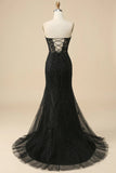 Black Mermaid Sweetheart Lace Corset Long Prom Dress with Slit