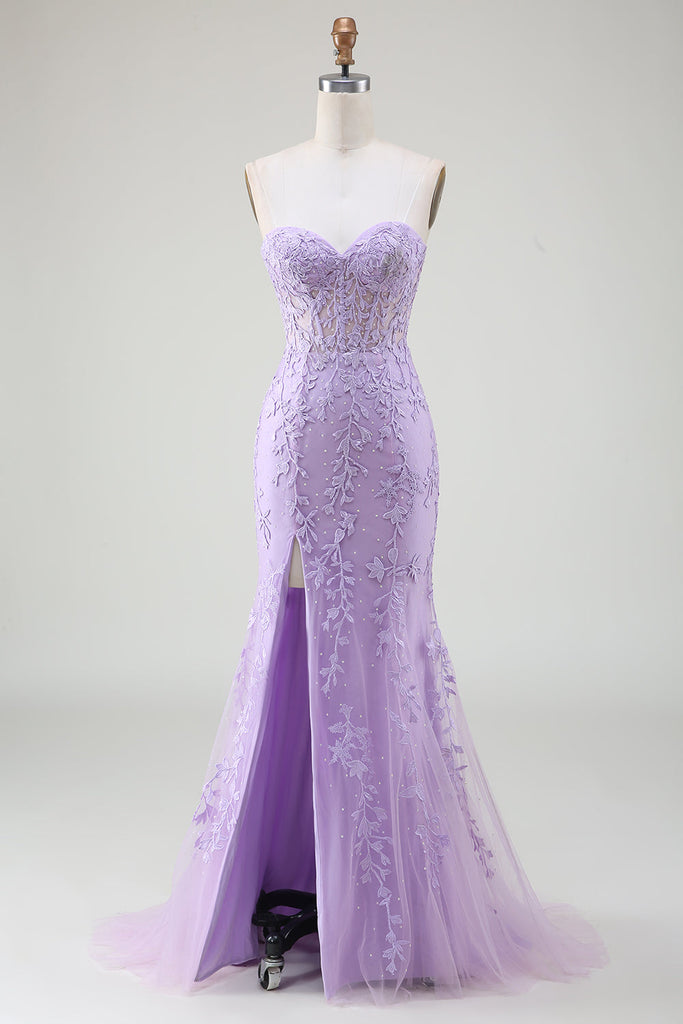 WEDTREND Women Light Purple Prom Dress Mermaid Sweetheart Lace Corset