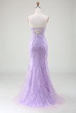 Light Purple Mermaid Sweetheart Lace Corset Long Prom Dress with Slit