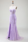 Light Purple Mermaid Sweetheart Lace Corset Long Prom Dress with Slit