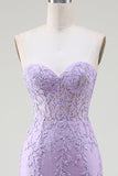 Light Purple Mermaid Sweetheart Lace Corset Long Prom Dress with Slit