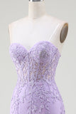 Light Purple Mermaid Sweetheart Lace Corset Long Prom Dress with Slit