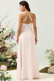 Pink A Line Spaghetti Straps Chiffon Bridesmaid Dress with Slit