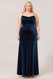 Dark Blue Mermaid Cowl Neck Backless Velvet Long Plus Size Bridesmaid Dress