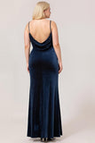 Dark Blue Mermaid Cowl Neck Backless Velvet Long Plus Size Bridesmaid Dress