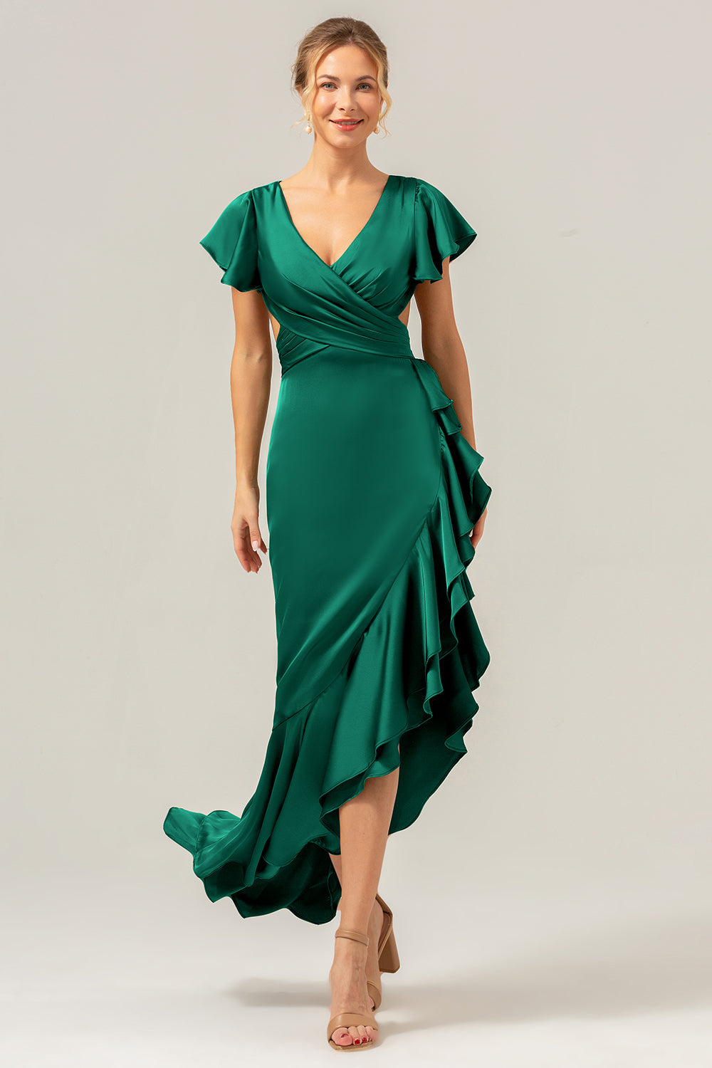Wedtrend Women Olive Bridesmaid Dress with Ruffles A Line Short Sleeves V Neck Asymmetrical Wedding Guest Dress WEDTREND Wedtrend Women Olive Bridesmaid Dress with Ruffles A Line Short Sleeves V Neck Asymmetrical Wedding Guest Dress WEDTREND