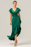 A Line V Neck Asymmetrical Olive Bridesmaid Dress with Ruffle Slit