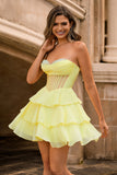 Strapless Yellow A Line Tiered Corset Beaded Homecoming Dress