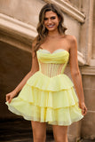 Yellow A Line Strapless Tiered Corset Beaded Homecoming Dress